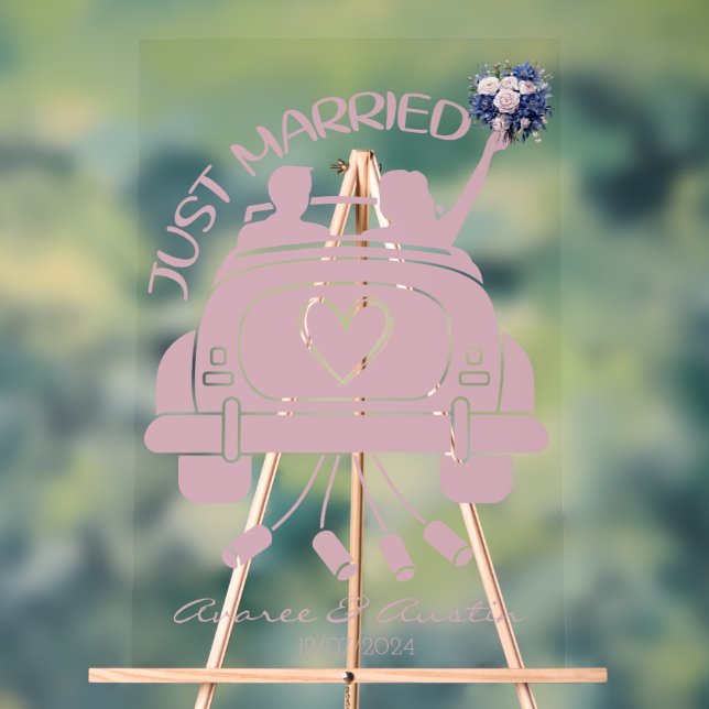 Just Married Bridal Bouquet Vintage Car Acrylic  Sign (Neutral)