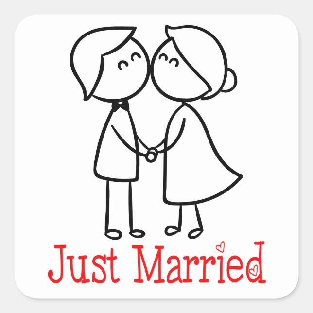 Just Married Bride And Groom Cartoon Wedding Square Sticker (Front)