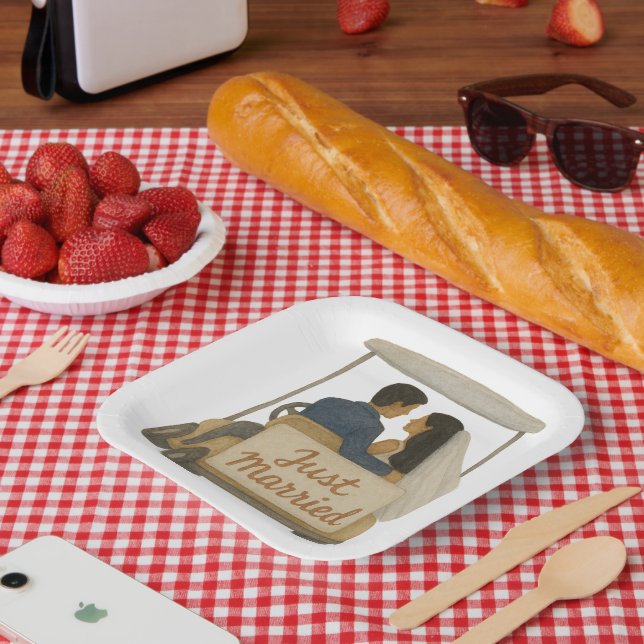 'Just Married' Bride and Groom in a Golf Cart  Paper Plate (Picnic)