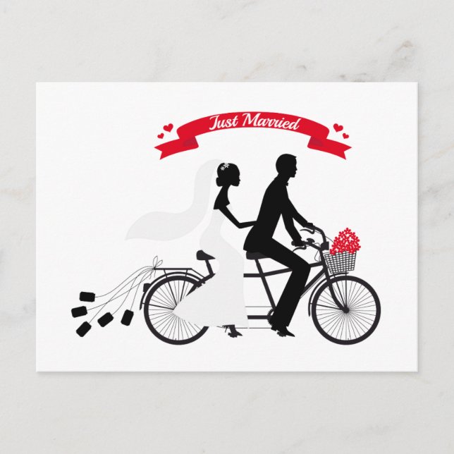 Just married bride and groom on tandem bicycle announcement postcard (Front)