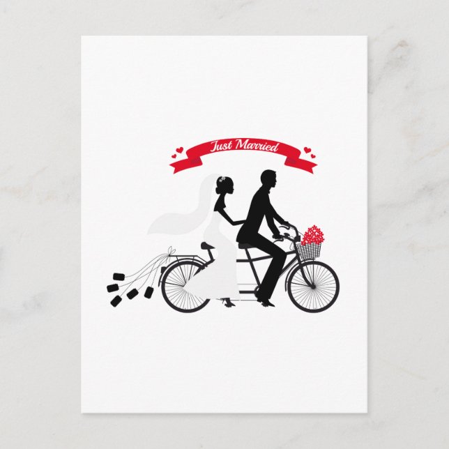 Just married bride and groom on tandem bicycle announcement postcard (Front)