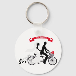 Just married bride and groom on tandem bicycle key ring
