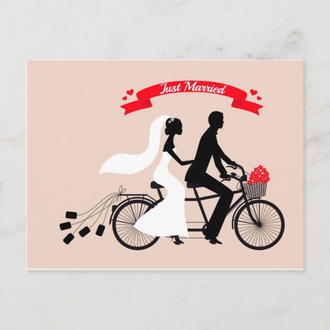 Just married, bride and groom on wedding bicycle announcement postcard (Front)