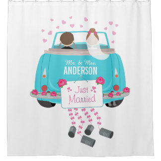 Just Married Bride and Groom Wedding Car Shower Curtain