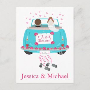 Just Married  Bride Groom Blue Pink Wedding Announcement Postcard