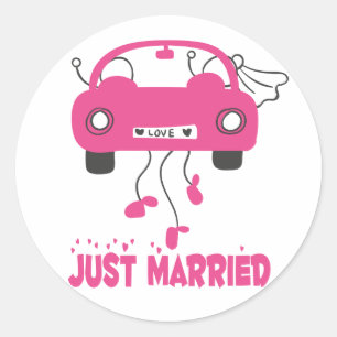 Just Married Bride & Groom Pink And Black Wedding Classic Round Sticker