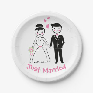 Just Married Bride Groom Pink Black Wedding Paper Plate