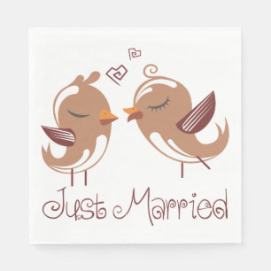 Just Married Brown & White Lovebirds Wedding Napkin
