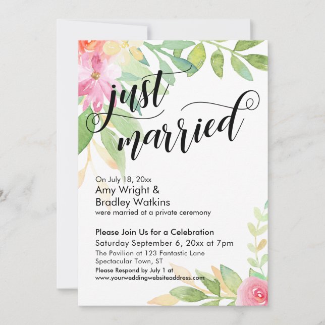 Just Married Calligraphy Boho Watercolor Flowers Invitation (Front)