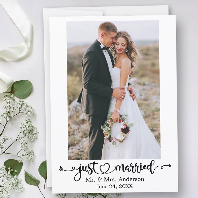 Just Married Calligraphy Heart Photo Wedding Announcement (Customize to change your personalized text size, text style or to add text to back of card.)