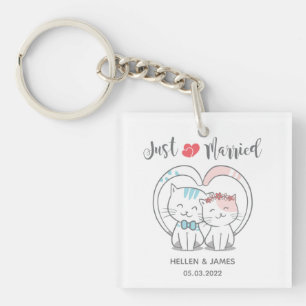 Just Married Cat Wedding  Key Ring