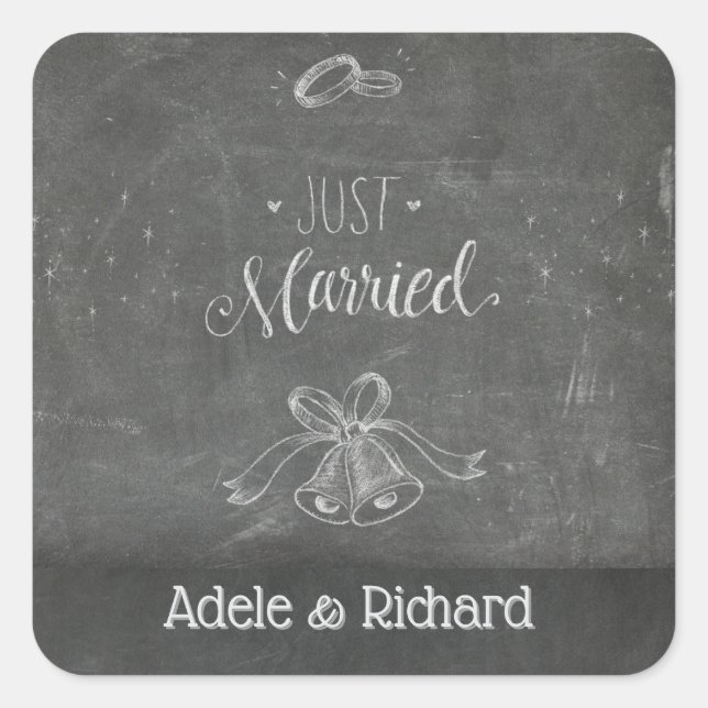 Just Married Chalkboard Wedding Personalised Square Sticker (Front)