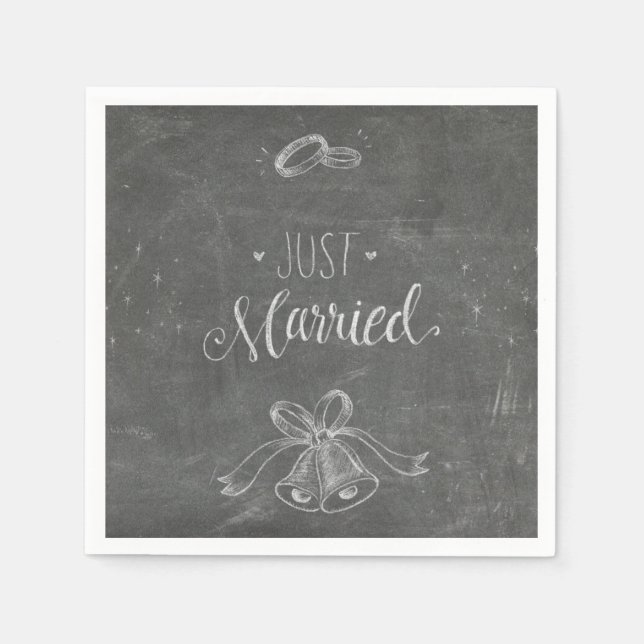 Just Married Chalkboard Weddings Rings and Bells Napkin (Front)