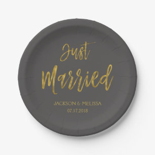 Just Married Charcoal Grey and Gold Foil Paper Plate