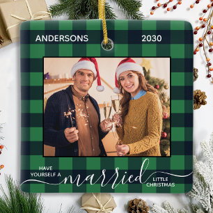 Just Married Christmas Green Plaid Newlywed Photo Ceramic Ornament