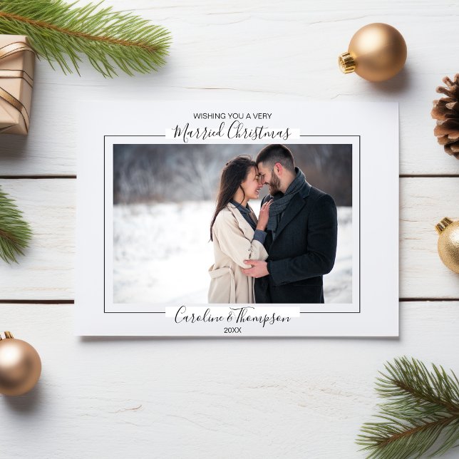Just Married Christmas Wedding Photo Botanical Holiday Card (Creator Uploaded)