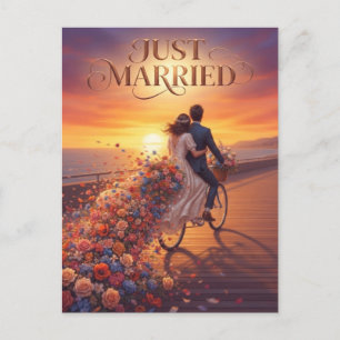 "Just Married" Couple Riding A Bicycle At Sunset Holiday Postcard