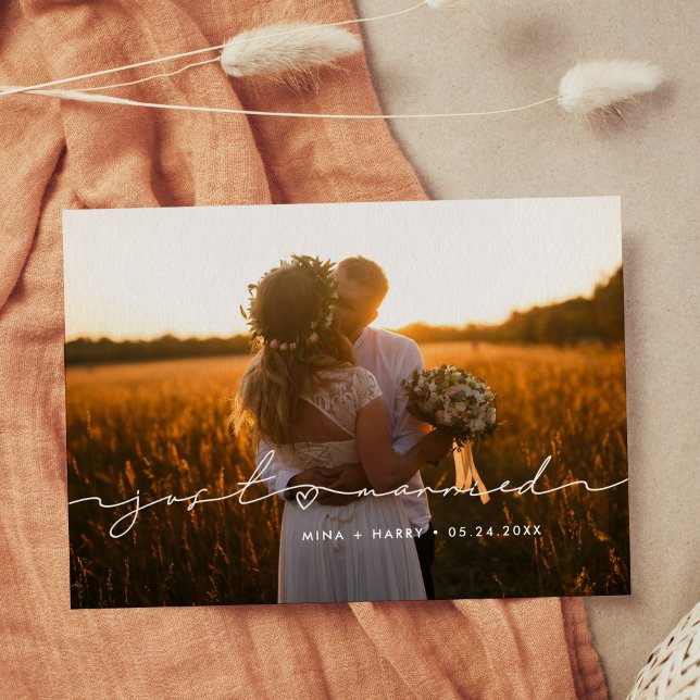 Just married Cute handwritten wedding photo card (Creator Uploaded)