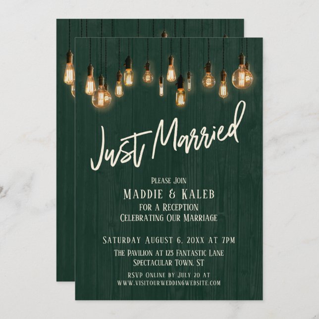 Just Married Dark Green Wood Edison Lights Invitation (Front/Back)