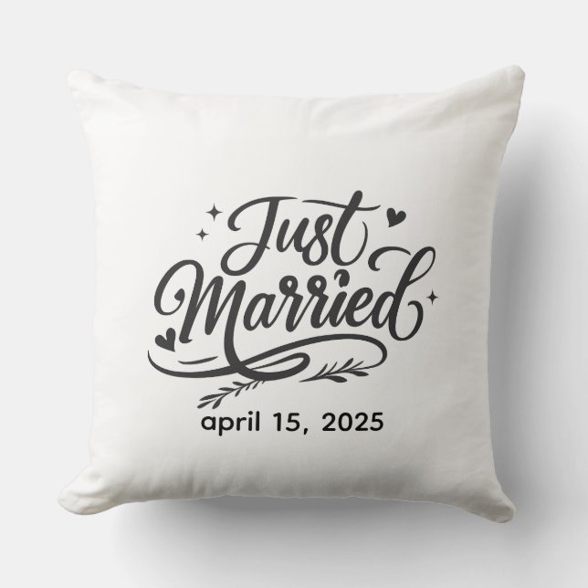 Just Married Decorative Throw Pillow with Wedding  (Front)