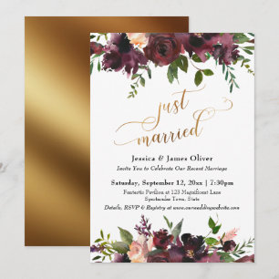 Just Married Deep Red Burgundy Floral Gold Script Invitation