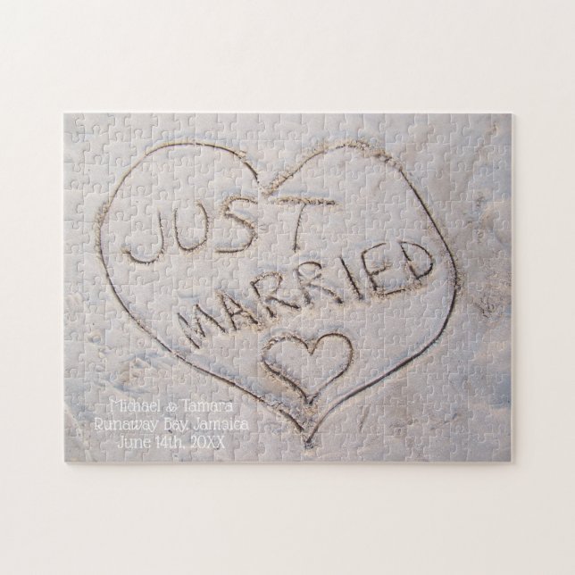 Just Married Destination Sand Writing Custom Jigsaw Puzzle (Horizontal)