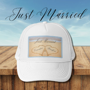 Just Married, Dusty Blue Beach Wedding 2 Heart Trucker Hat