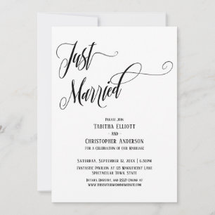 Just Married Elaborate Script in Black and White Invitation