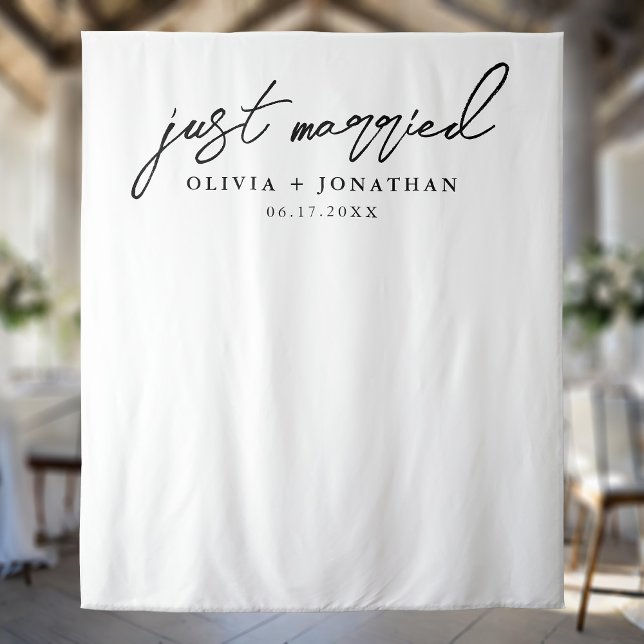 Just Married Elegant Calligraphy Wedding Backdrop Tapestry (Creator Uploaded)