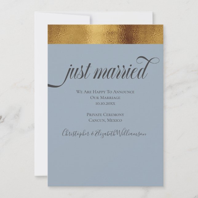 Just Married Elegant Faux Gold Grey Blue Announcement (Front)