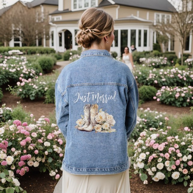 Just Married Elegant Floral Cowgirl Boots Bride  Denim Jacket (Wedding Back)