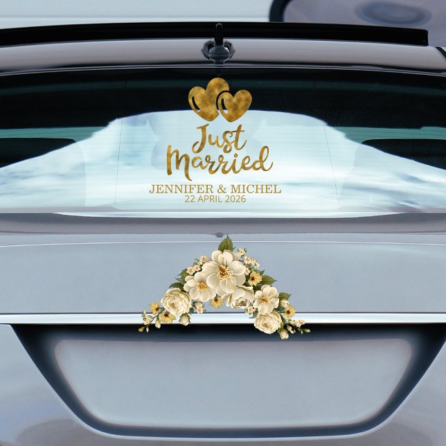 Just Married elegant gold script wedding car (Creator Uploaded)