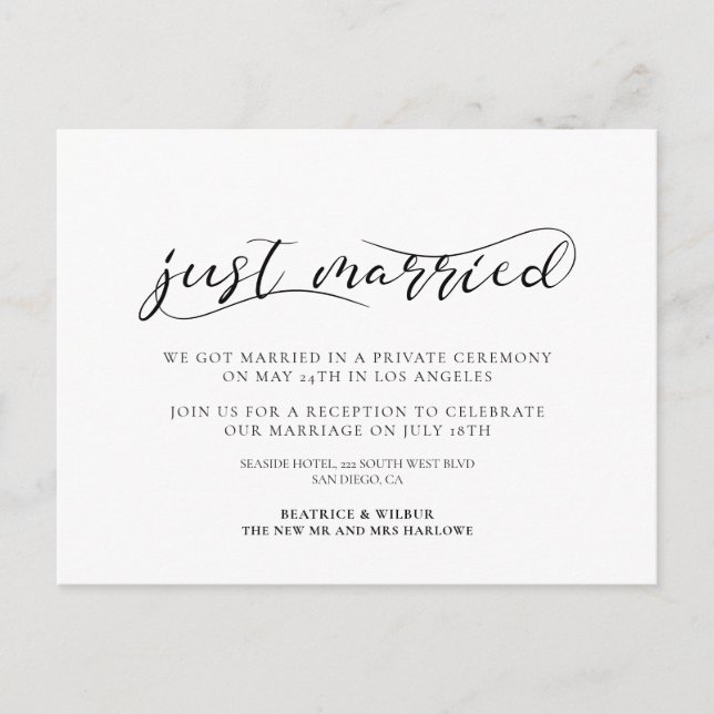 Just married Elegant romantic announcement Postcard (Front)