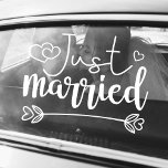 Just married elegant white script wedding<br><div class="desc">Spread the news of your wedding with this romantic white "Just Married" sticker featuring a modern white script font text decorated with lovely hearts.</div>