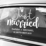 Just married elegant white script wedding car<br><div class="desc">Spread the news of your wedding with this romantic white "Just Married" sticker featuring a modern white script font text decorated with lovely hearts and easily customizable with the bride and groom's names and wedding date.</div>