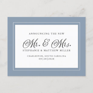 Just Married Elopement Dusty Blue White Elegant Invitation Postcard