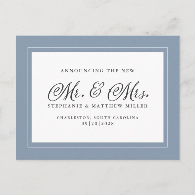 Just Married Elopement Dusty Blue White  Elegant Invitation Postcard (Front)