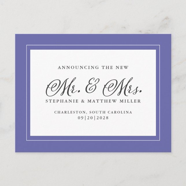 Just Married Elopement White Elegant Periwinkle Invitation Postcard (Front)