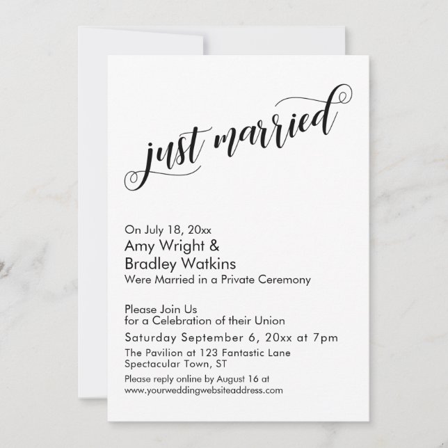 Just Married Fancy Script Post Wedding Celebration Invitation (Front)