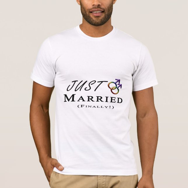 Just Married (Finally) Gay Pride w/ Gender Symbols T-Shirt (Front)