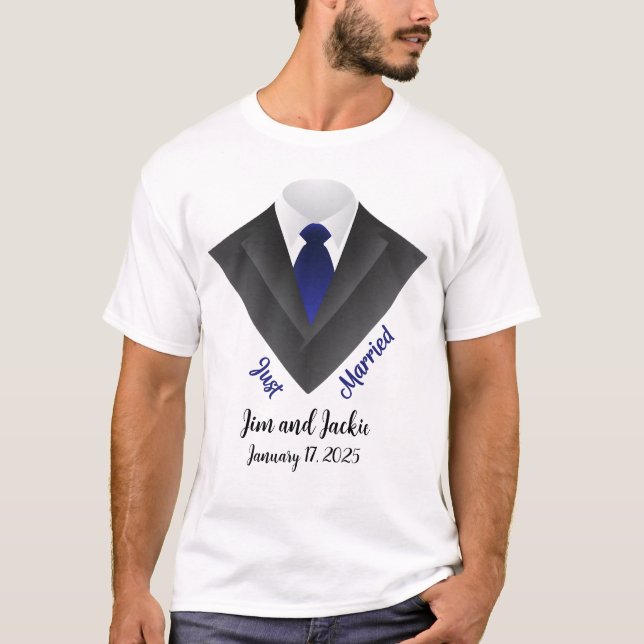 Just Married For Groom - Tux With Blue Tie Wedding T-Shirt (Front)