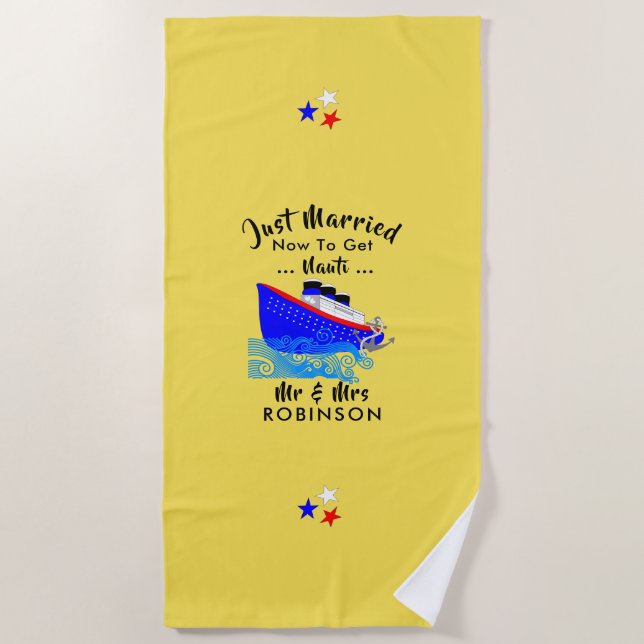 Just Married Funny Cruise Ship Personalised Beach Towel (Front)