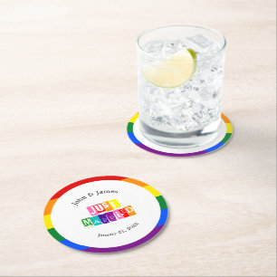 Just Married Gay Wedding Couple LGBTQ Round Paper Coaster