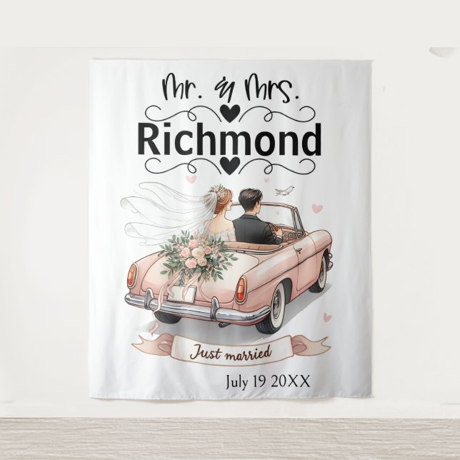 Just Married Getaway – Wedding Backdrop Tapestry (Front)