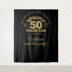Just Married Gold 50th Anniversary Photo Backdrop Tapestry