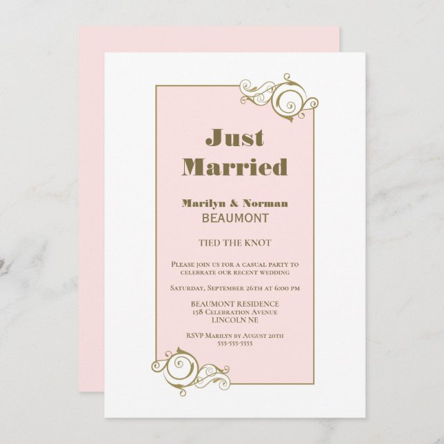 Just Married Gold Frame Pink Wedding Reception Invitation (Front/Back)