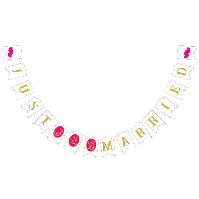 "Just married" gold magenta hearts  Bunting (All)