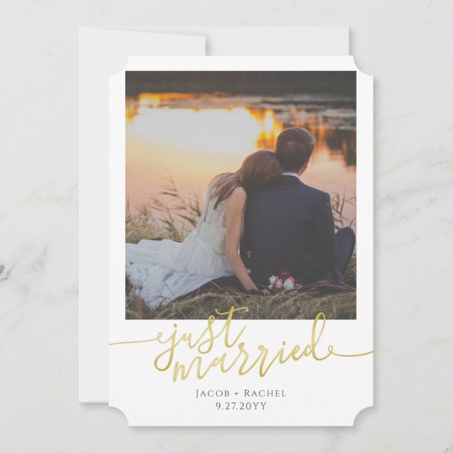 Just Married Gold Script Overlay Photo Wedding Announcement (Front)