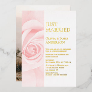 Just Married Gold Text Pink Rose Wedding Reception