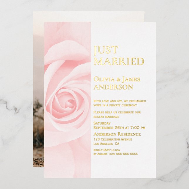 Just Married Gold Text Pink Rose Wedding Reception (Front/Back)